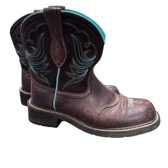 Ariat Brown Leather Western Heeled Boots with Turquoise Stitching - Picture 3 of 16